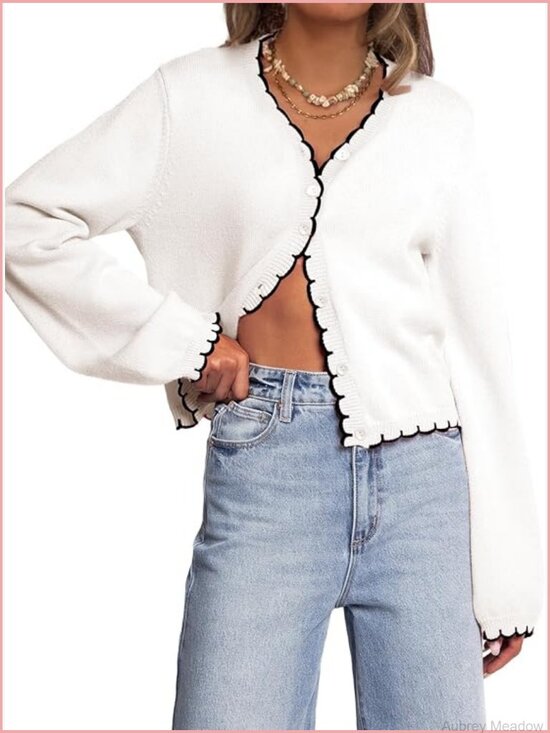 Sweaters - Long Sleeve Cardigan Button Down Knit Open Front Cropped Contrast Trim Sweater